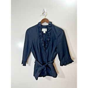 White House Black Market Women's Linen Blend Blouse Size S 6 Ruffle Dark Cottage